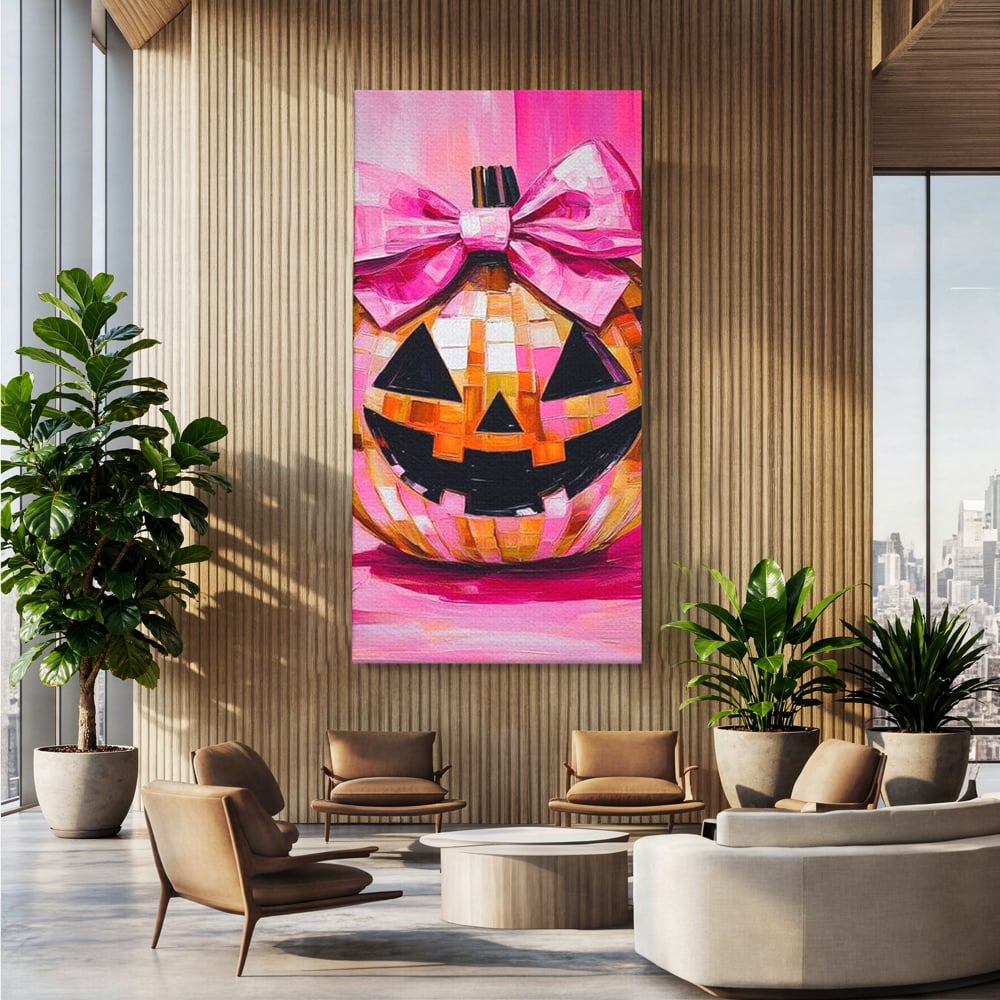 Tablou canvas cu tablou canvas cu dovleac roz si fundita, fara rama, pe sasiu de lemn, pe perete intr-un birou